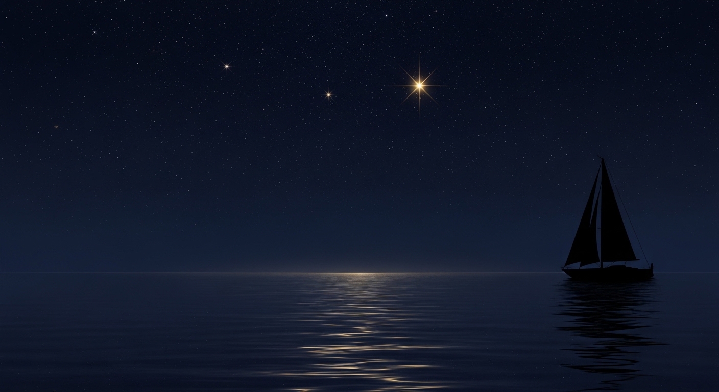 Sailboat on calm ocean at night